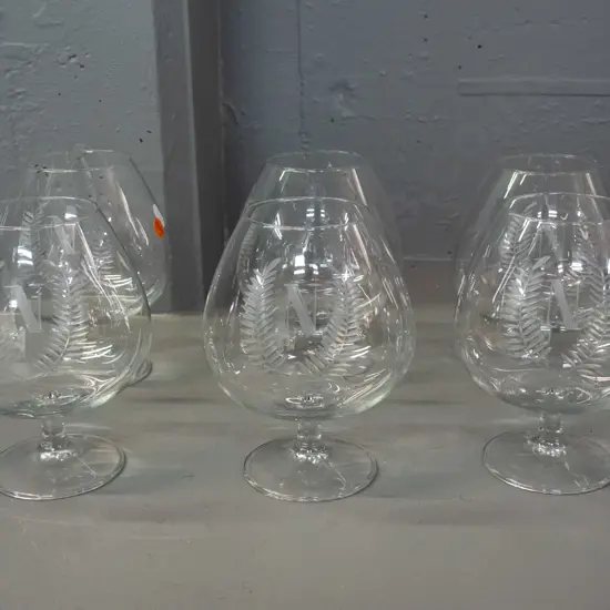 6 etched glass brandy balloons with "N" monogram and laurel motifs H-160