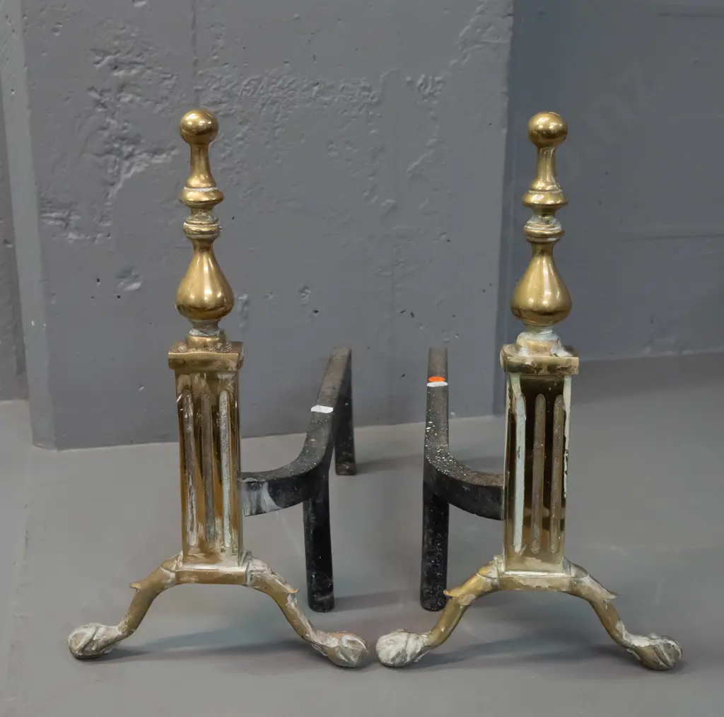 pair of brass and cast iron Empire style andirons / fire dogs H-360 W-210 D-360 Image 1++