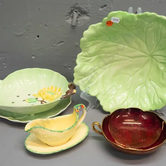 Carlton Ware leaf form large serving dish, draining bowl and under-plate, Rouge Royale handled dish and a small Crown