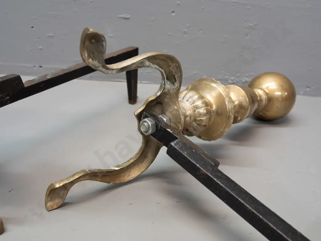 pair of cast brass and iron fire dogs / andirons - some rough edges to casting H-390 W-180 L-300 Image 1++