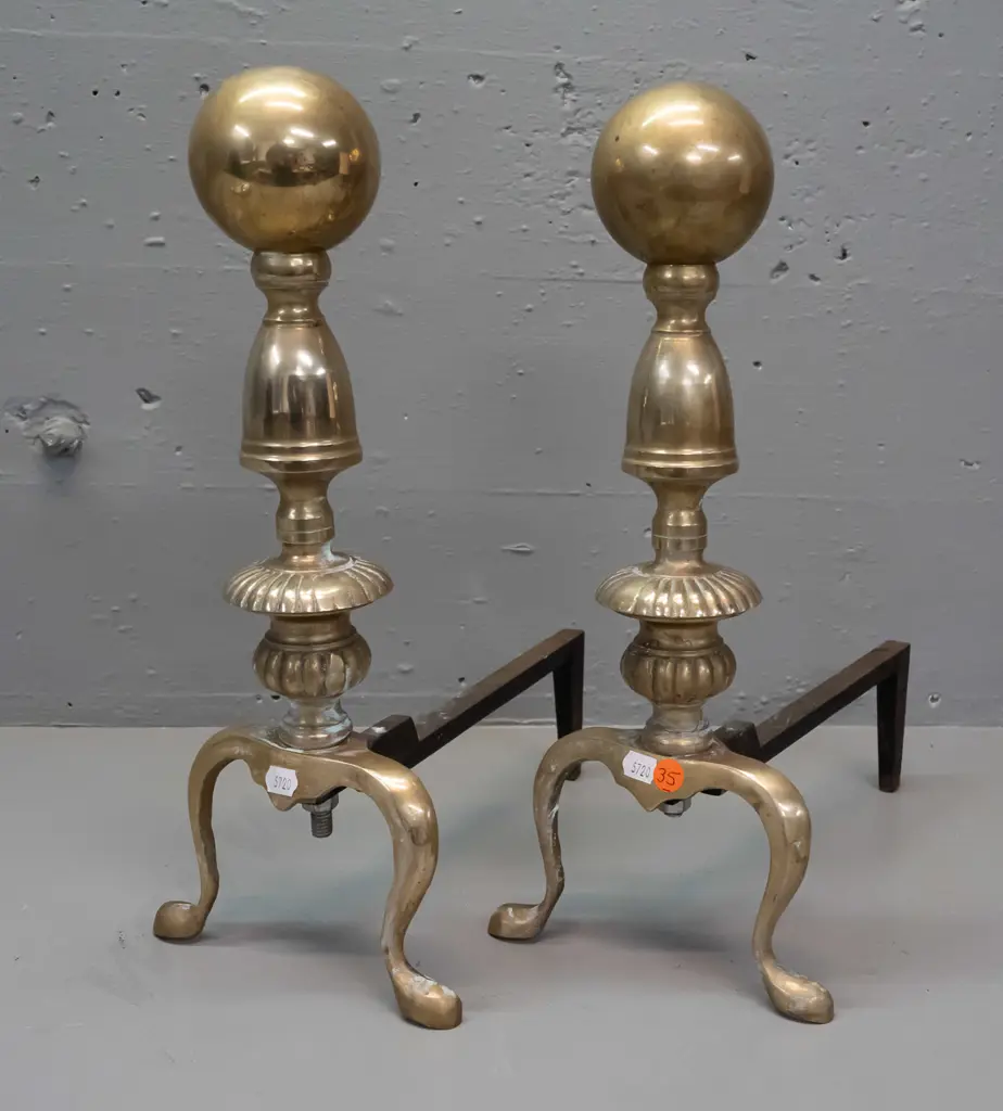 pair of cast brass and iron fire dogs / andirons - some rough edges to casting H-390 W-180 L-300 Image 1++