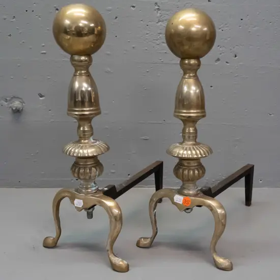 pair of cast brass and iron fire dogs / andirons - some rough edges to casting H-390 W-180 L-300