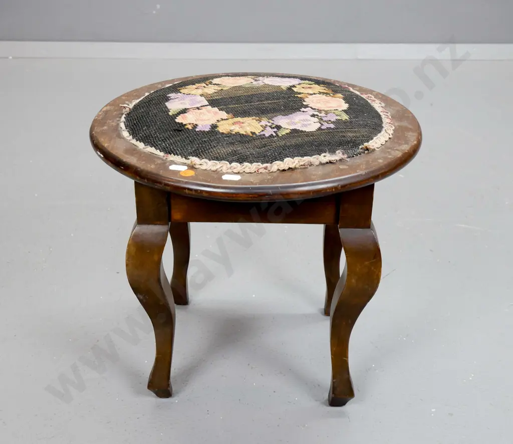 vintage low beech stool with floral tapestry upholstery on round top - missing some gimp, some staining H-330 D-380 Image 1++