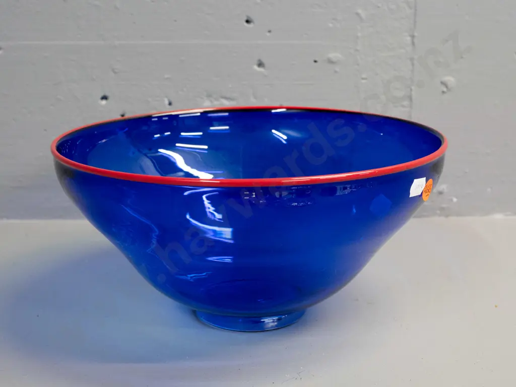 Gary Nash NZ art glass bowl - cobalt blue with red rim, signed Nash, dated '95 - H130 D260 Image 1++