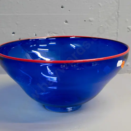 Gary Nash NZ art glass bowl - cobalt blue with red rim, signed Nash, dated '95 - H130 D260