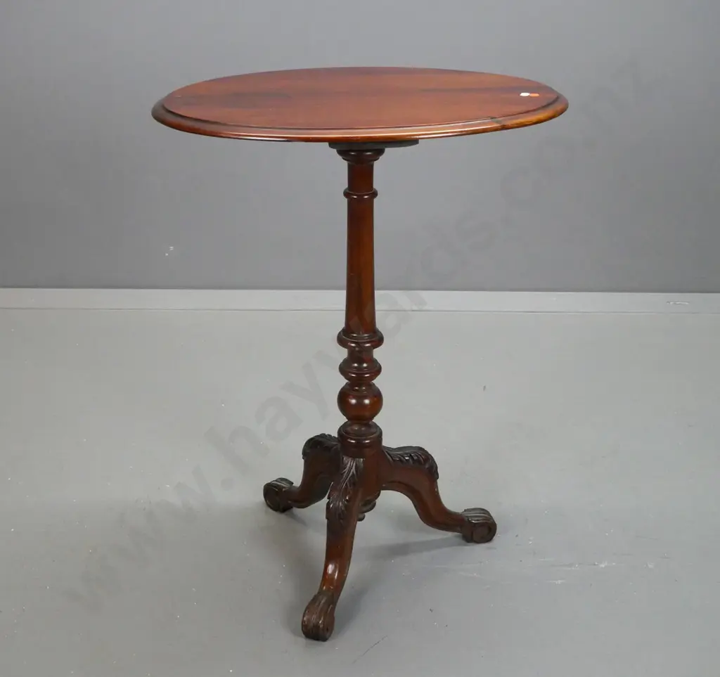 Victorian oval-top wine table with mahogany top, walnut base, w/turned stem on 3 carved cab legs - some pitting & Image 1++