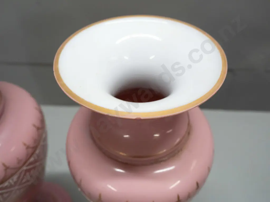 pair of Victorian pink glass vases with white enamel and gilt decoration - both have some wear to gilt, one has small Image 1++