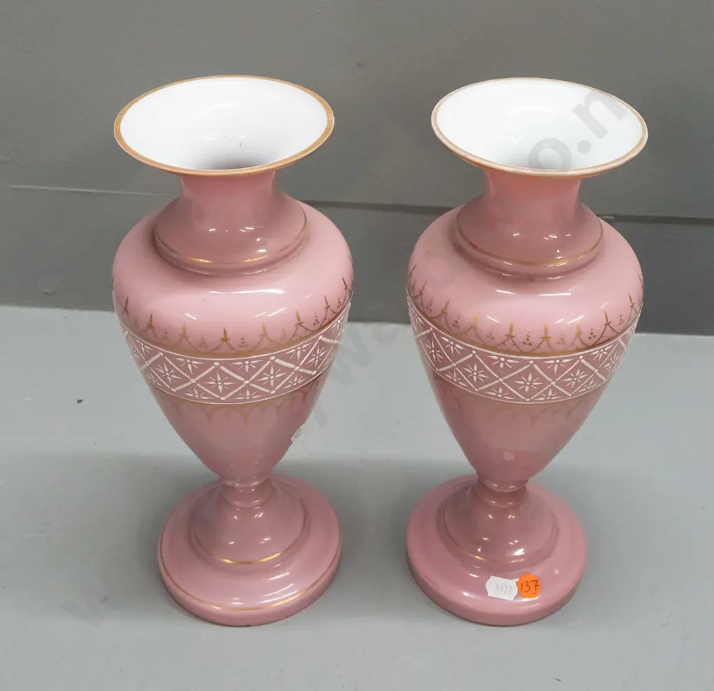 pair of Victorian pink glass vases with white enamel and gilt decoration - both have some wear to gilt, one has small Image 1++