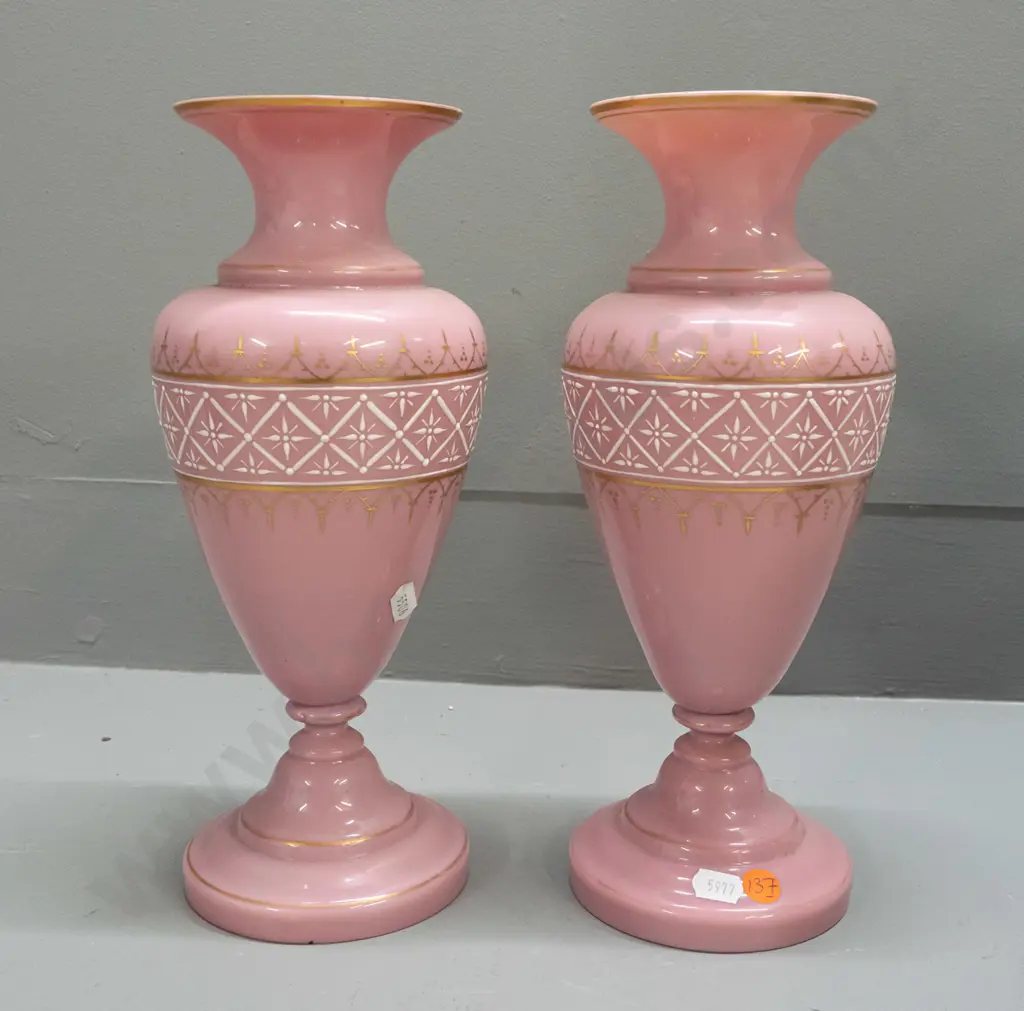 pair of Victorian pink glass vases with white enamel and gilt decoration - both have some wear to gilt, one has small Image 1++