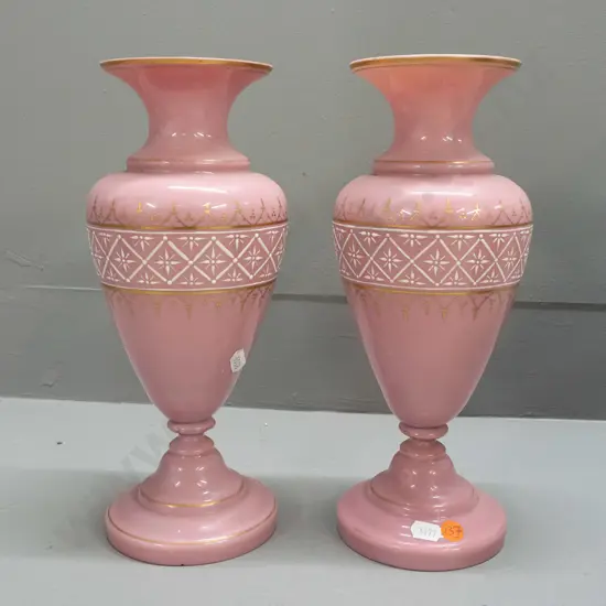 pair of Victorian pink glass vases with white enamel and gilt decoration - both have some wear to gilt, one has small