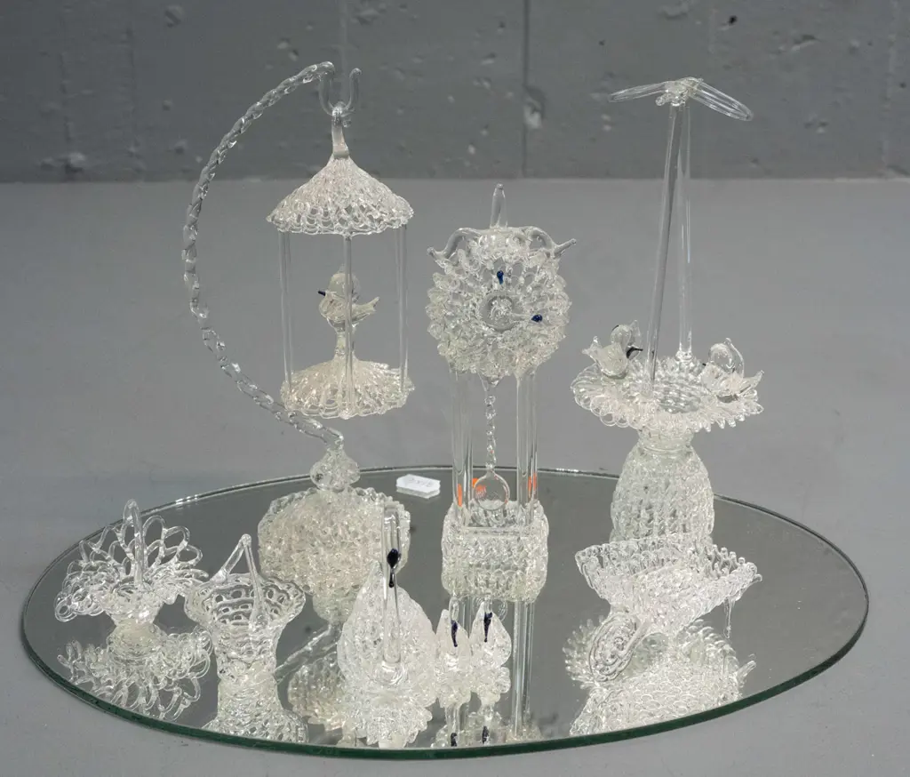 7 spun glass figurines on mirror base - group of swans, hanging bird cage, clock, baskets, etc - tallest is H-175 Image 1++