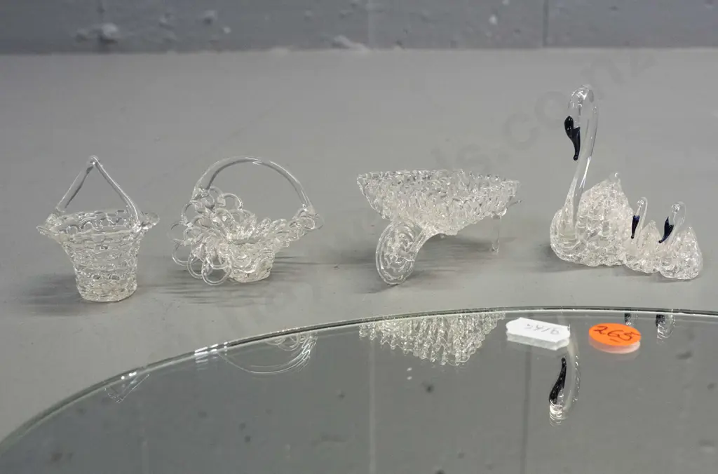 7 spun glass figurines on mirror base - group of swans, hanging bird cage, clock, baskets, etc - tallest is H-175 Image 1++