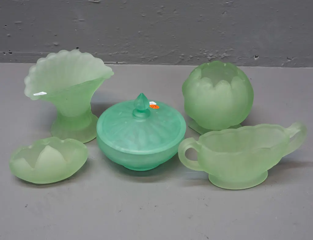 frosted and moulded green depression glass items - uranium glass lidded bowl in unusual emerald green, and 4 others, Image 1++