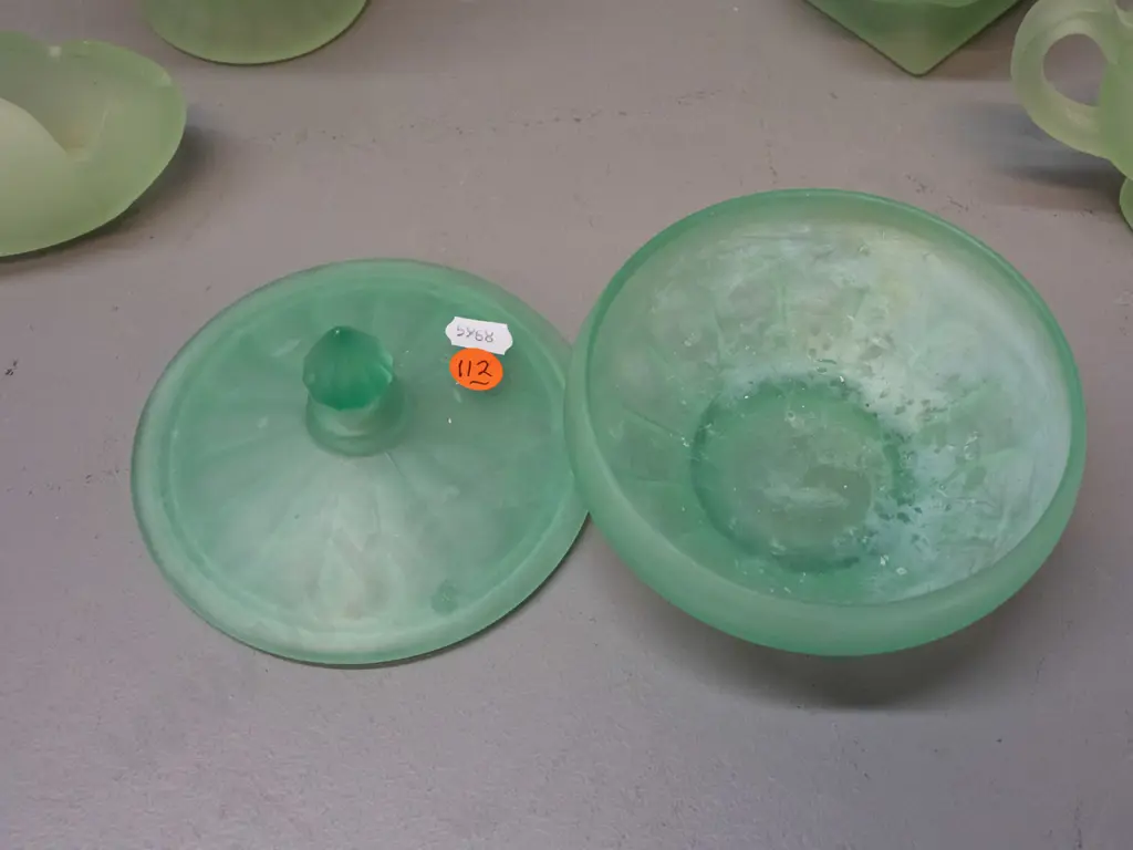 frosted and moulded green depression glass items - uranium glass lidded bowl in unusual emerald green, and 4 others, Image 1++