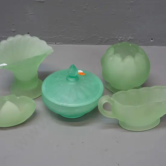 frosted and moulded green depression glass items - uranium glass lidded bowl in unusual emerald green, and 4 others,