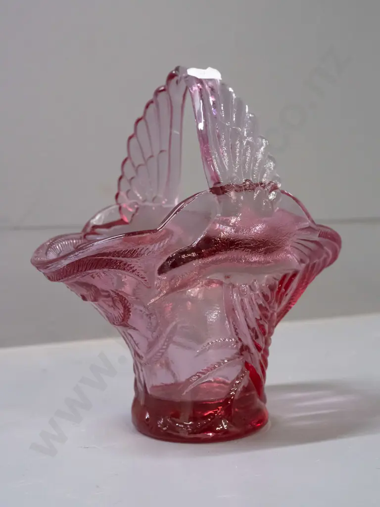 moulded pink cranberry glass basket with bird motifs & wing handles and a light amethyst art glass vase Image 1++