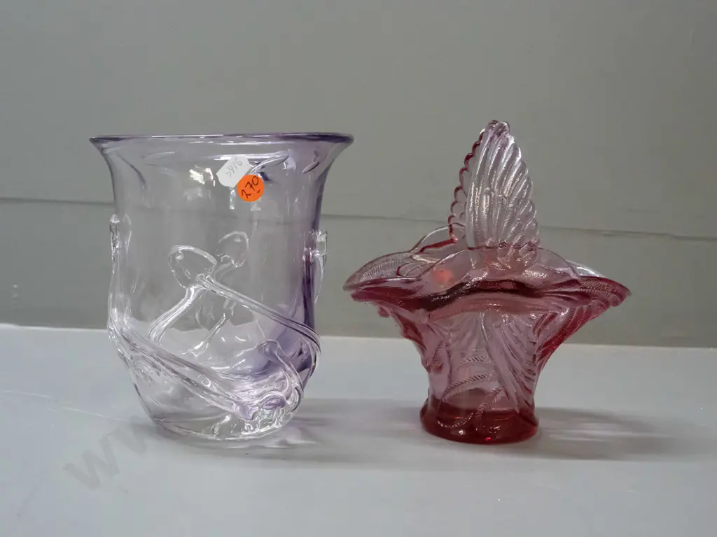 moulded pink cranberry glass basket with bird motifs & wing handles and a light amethyst art glass vase Image 1++