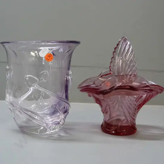 moulded pink cranberry glass basket with bird motifs & wing handles and a light amethyst art glass vase