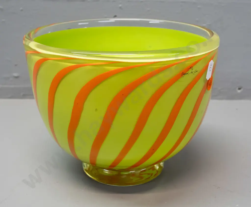 Hoglund art glass heavy round bowl - lime green, orange swirls and clear footed base H-150 D-190 Image 1++