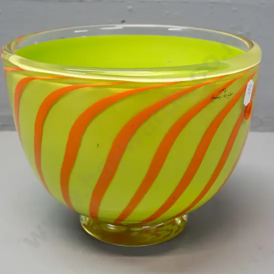 Hoglund art glass heavy round bowl - lime green, orange swirls and clear footed base H-150 D-190