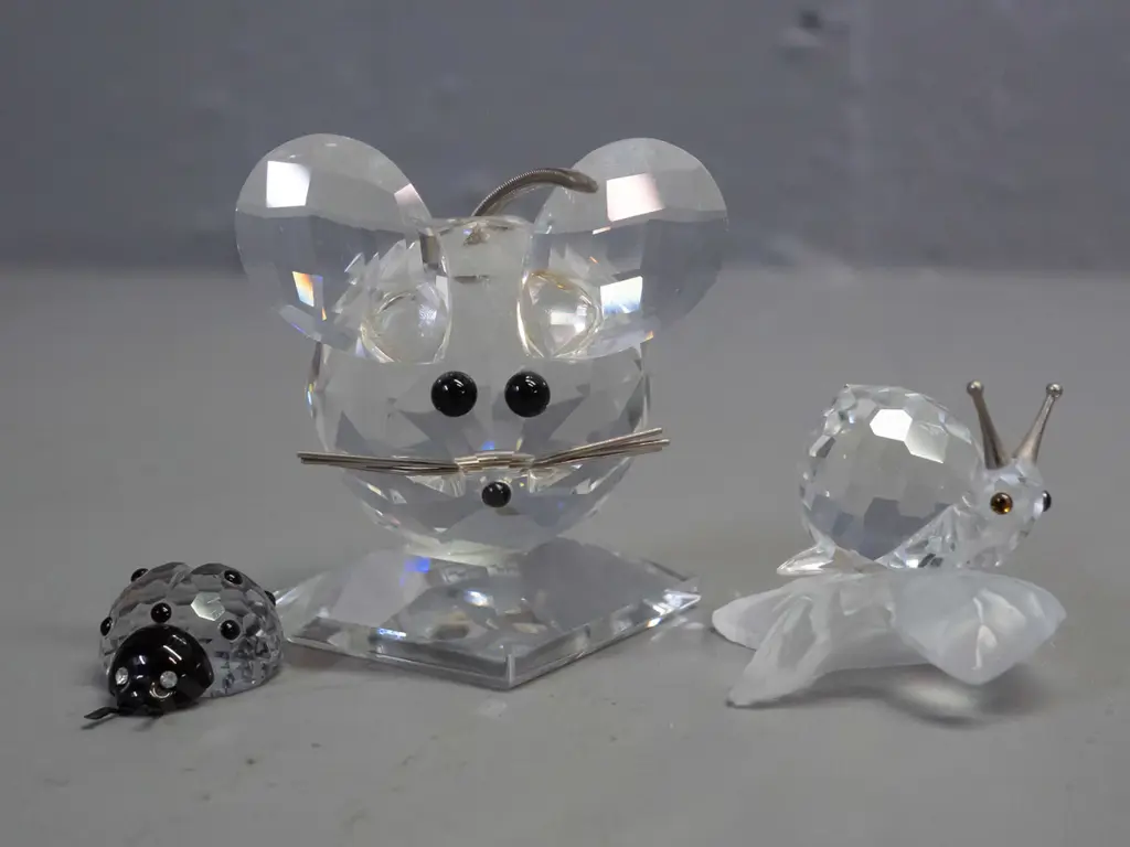 3 small Swarovski crystal ornaments on mirror base - mouse H-65, small ladybird and snail w/frosted leaf base Image 1++