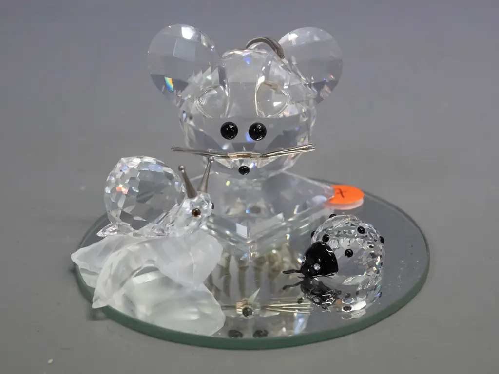 3 small Swarovski crystal ornaments on mirror base - mouse H-65, small ladybird and snail w/frosted leaf base Image 1++