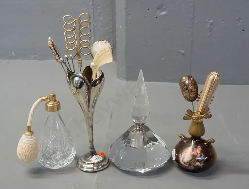 2 scent bottles and 2 vases with hat pins - one silver plated and one Royal Bavarian. Scent bottle with atomiser marked Image 1++