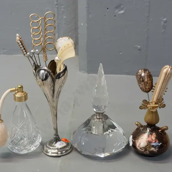 2 scent bottles and 2 vases with hat pins - one silver plated and one Royal Bavarian. Scent bottle with atomiser marked