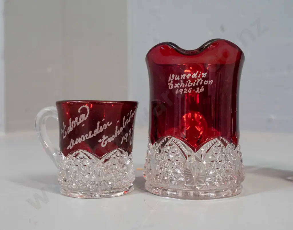 2 pieces of 1025-26 Dunedin exhibition ruby & clear glass souvenir ware and a contemporary ruby bud vase with clear Image 1++