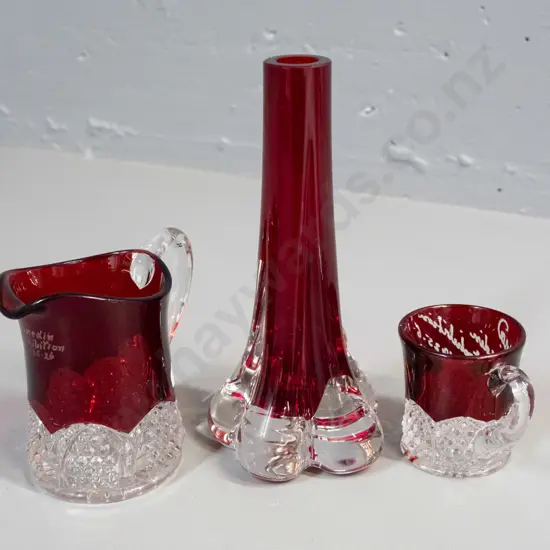 2 pieces of 1025-26 Dunedin exhibition ruby & clear glass souvenir ware and a contemporary ruby bud vase with clear