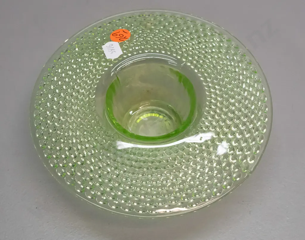 moulded green uranium depression glass bowl or liner H-55 D-165 Image 1++