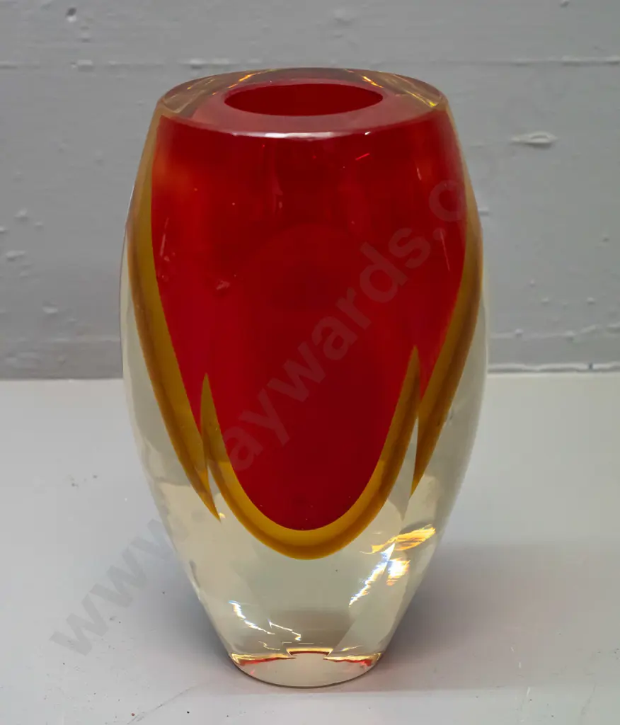 heavy art glass vase with faceted front and back - red, amber and clear H-210 W-95 at top Image 1++