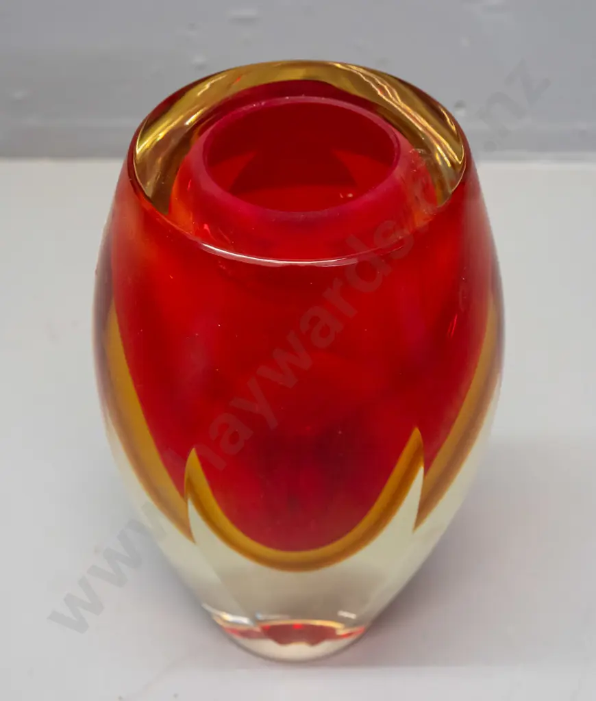 heavy art glass vase with faceted front and back - red, amber and clear H-210 W-95 at top Image 1++