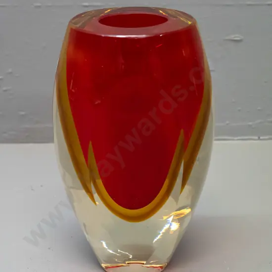 heavy art glass vase with faceted front and back - red, amber and clear H-210 W-95 at top