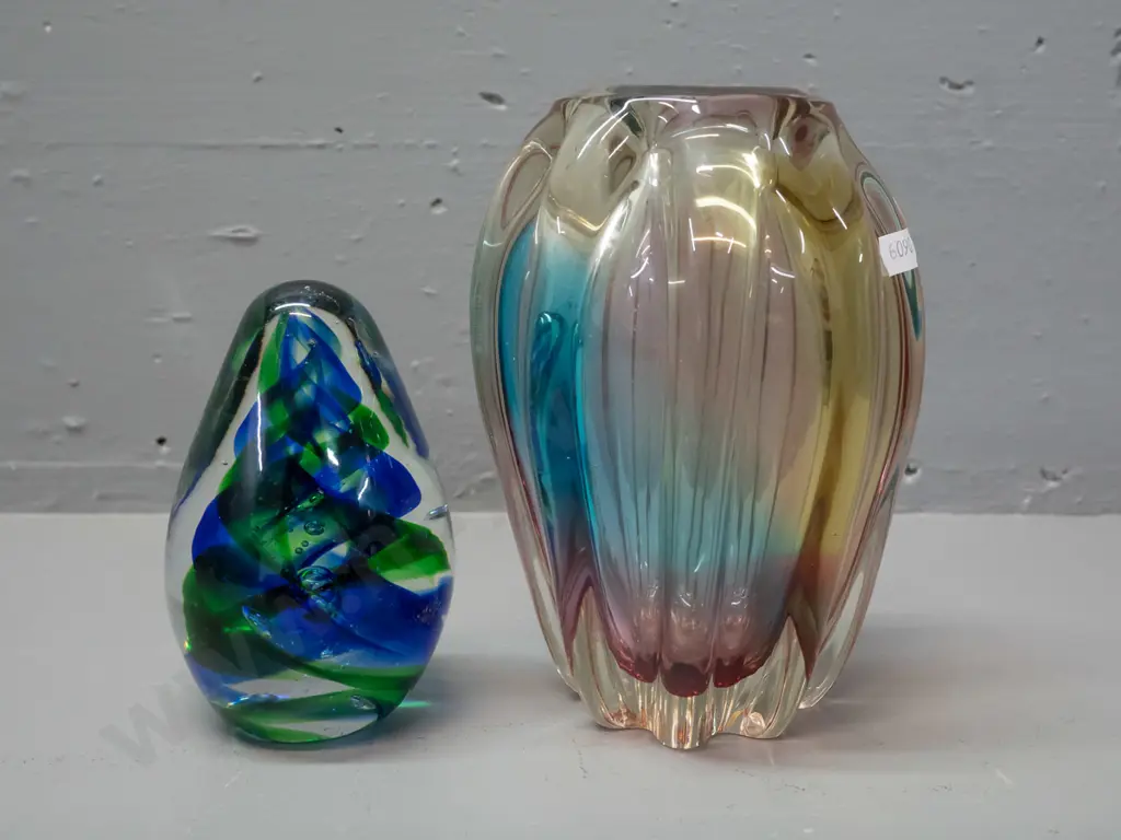 art glass multi-colour ribbed vase H-180 and a swirl pattern teardrop shape paperweight Image 1++