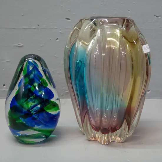 art glass multi-colour ribbed vase H-180 and a swirl pattern teardrop shape paperweight