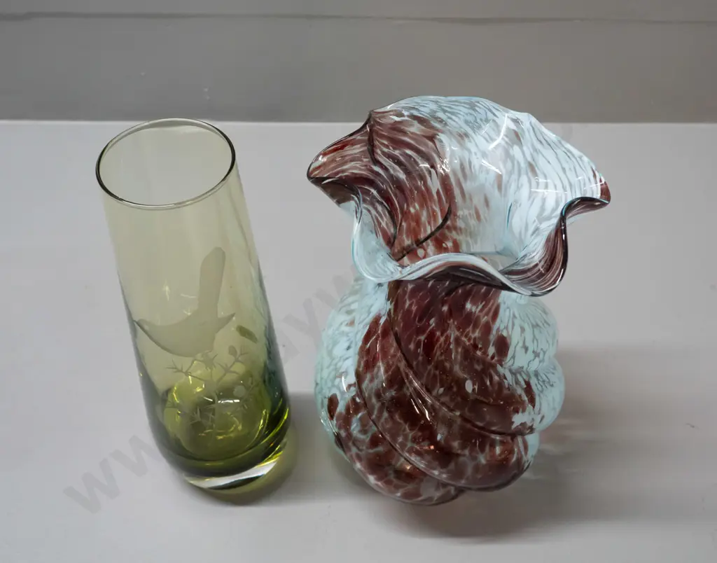 2 art glass vases - green cylinder with etched bird motif H-240 and a swirled aqua and brown moulded glass vase. Green Image 1++