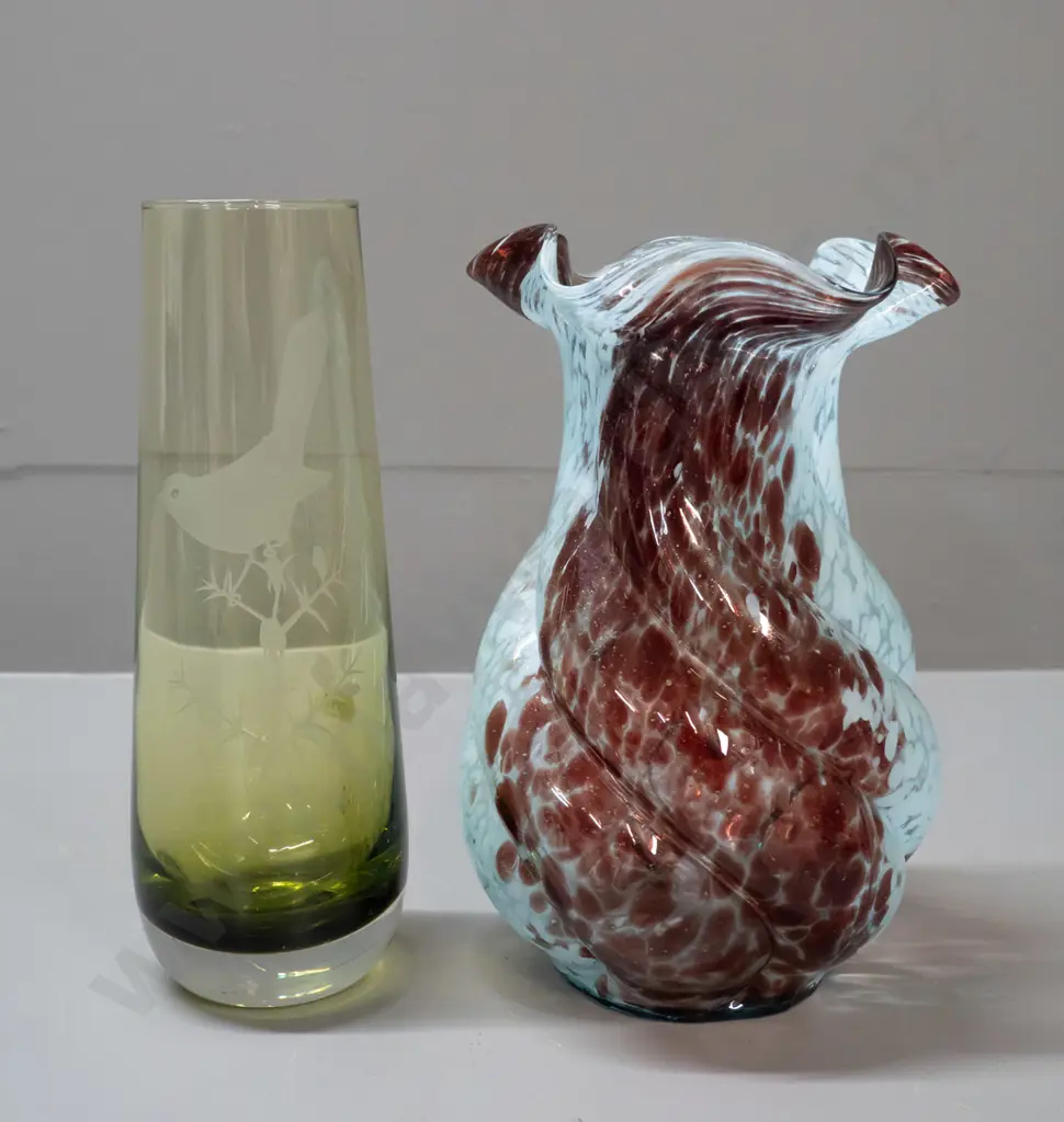 2 art glass vases - green cylinder with etched bird motif H-240 and a swirled aqua and brown moulded glass vase. Green Image 1++