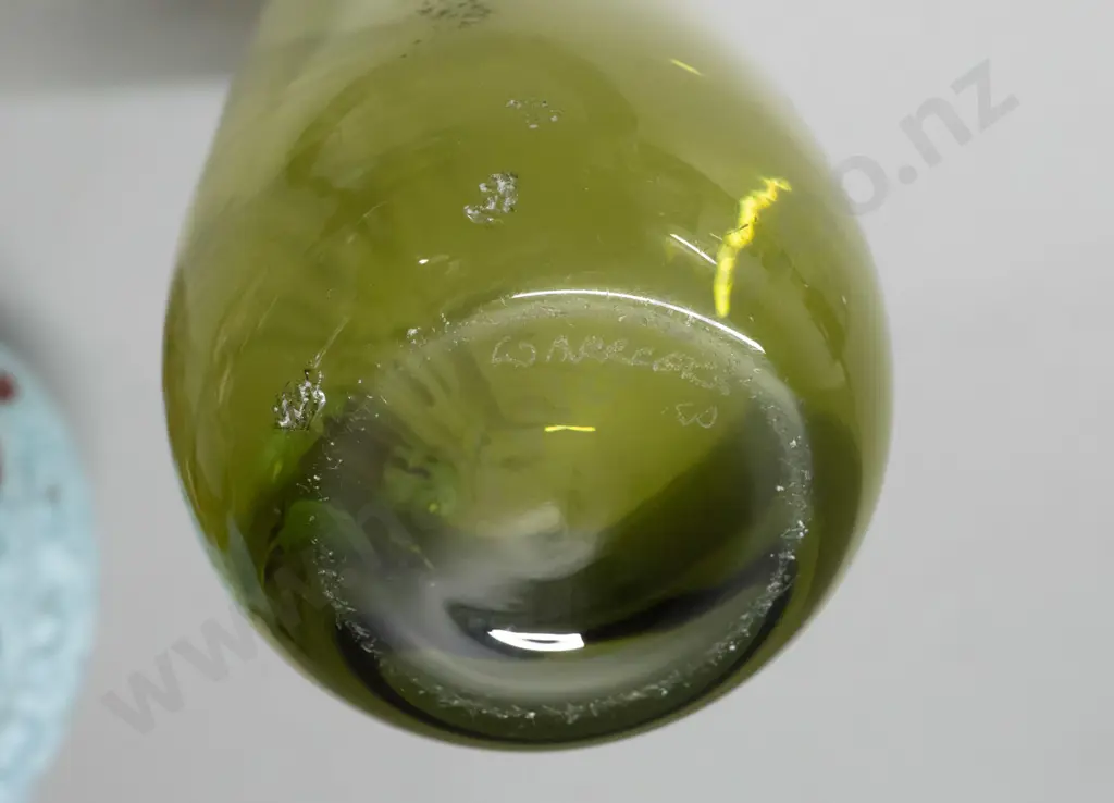 2 art glass vases - green cylinder with etched bird motif H-240 and a swirled aqua and brown moulded glass vase. Green Image 1++