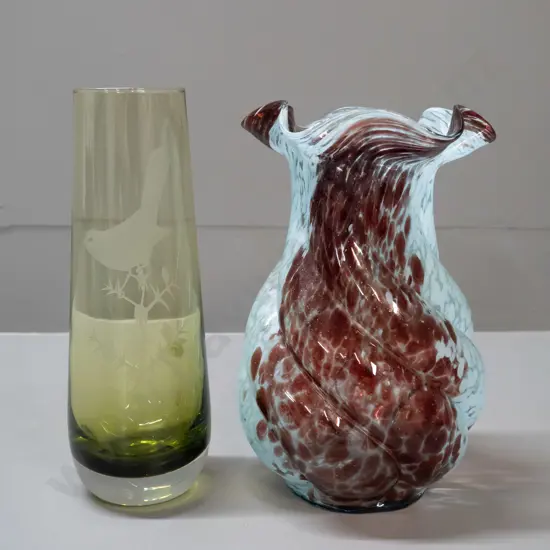 2 art glass vases - green cylinder with etched bird motif H-240 and a swirled aqua and brown moulded glass vase. Green