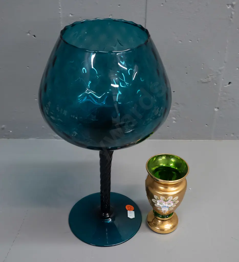 2 pieces of glass - large dark blue-green stemmed goblet vase H-320 D-110 and a small Venetian vase Image 1++