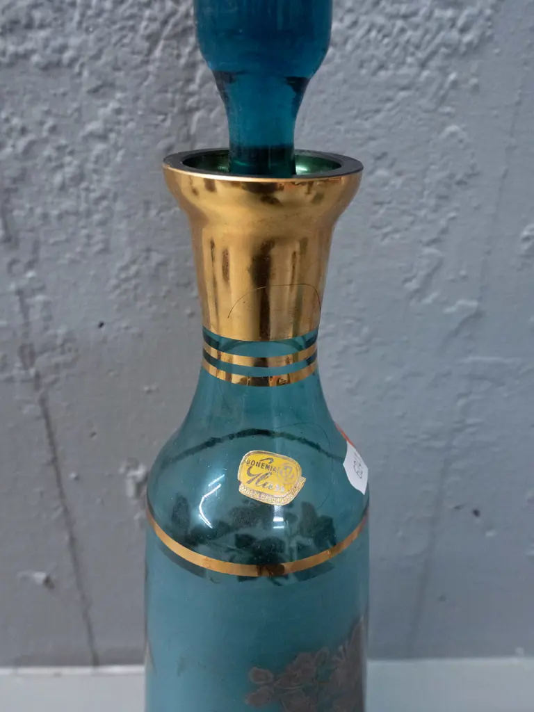 Bohemian aqua blue & gilt glass liqueur set - stoppered decanter with 6 glasses - some wear to decoration H-420 Image 1++