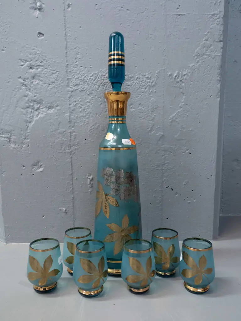 Bohemian aqua blue & gilt glass liqueur set - stoppered decanter with 6 glasses - some wear to decoration H-420 Image 1++