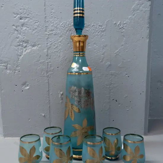 Bohemian aqua blue & gilt glass liqueur set - stoppered decanter with 6 glasses - some wear to decoration H-420