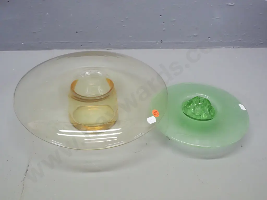 2 glass float bowls - larger amber glass and smaller green with frog - some chip on rim of frog. Amber one is D-300 Image 1++