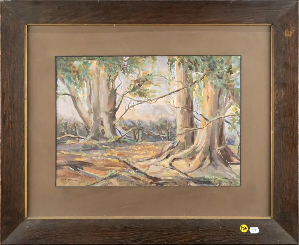 F.R Brown 1925, framed oil on board - tree scene H-250 W-350 (Dunedin Exhibition 1925) Image 1++