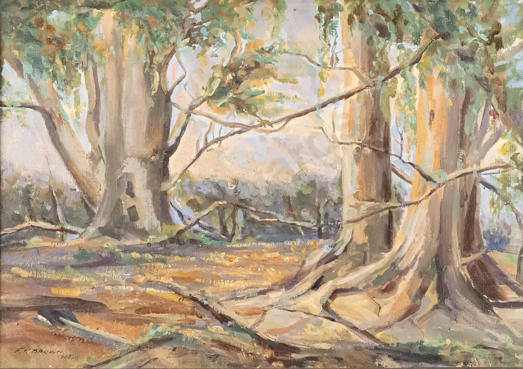 F.R Brown 1925, framed oil on board - tree scene H-250 W-350 (Dunedin Exhibition 1925) Image 1++