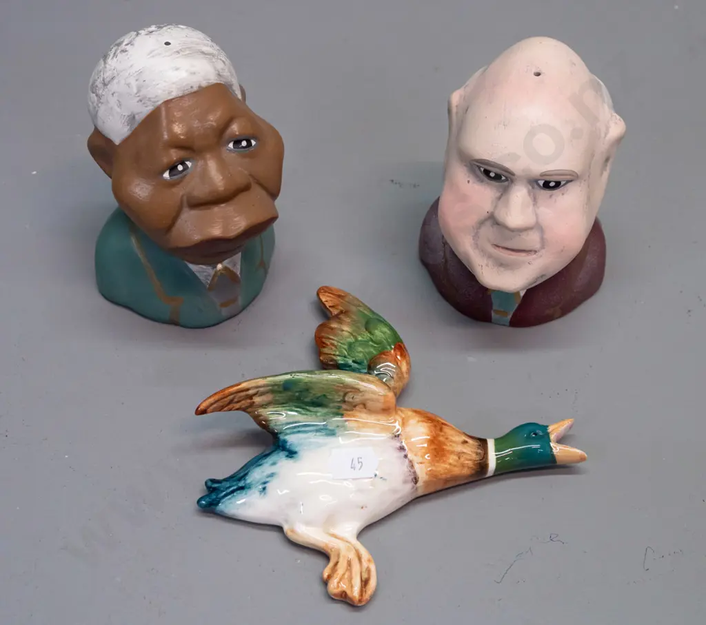 small Beswick wall duck and a South African Mandela and De Klerk salt & pepper set w/ Baker St Originals label. Duck has Image 1++