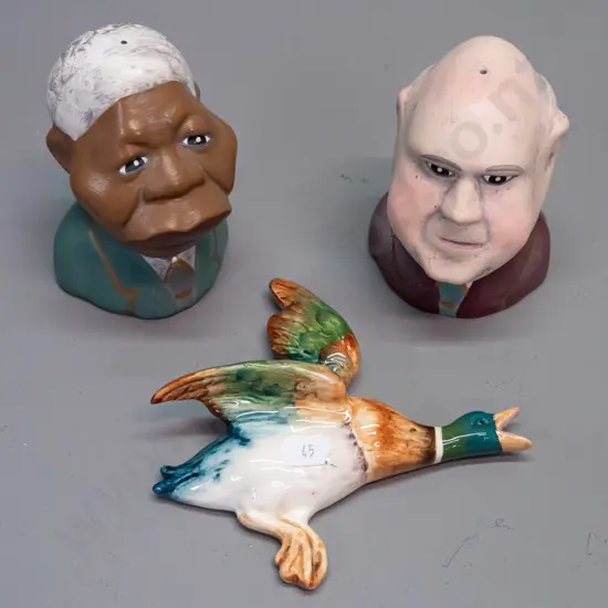 small Beswick wall duck and a South African Mandela and De Klerk salt & pepper set w/ Baker St Originals label. Duck has