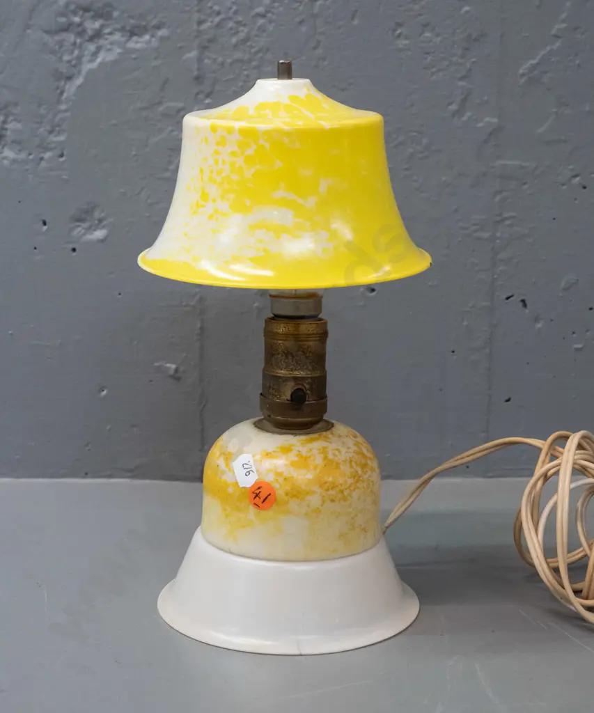 vintage small plastic bedside lamp with clip-on shade, speckled yellow finish - has hairline crack to base, some age Image 1++